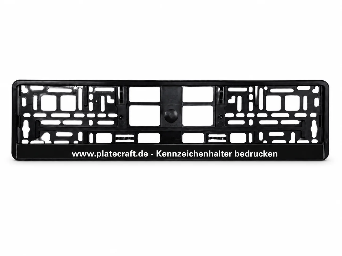 Kennzeichenhalter Digitaldruck bedrucken – schwarzer PKW-Halter mit individueller Werbeleiste, UV-Druck von Platecraft