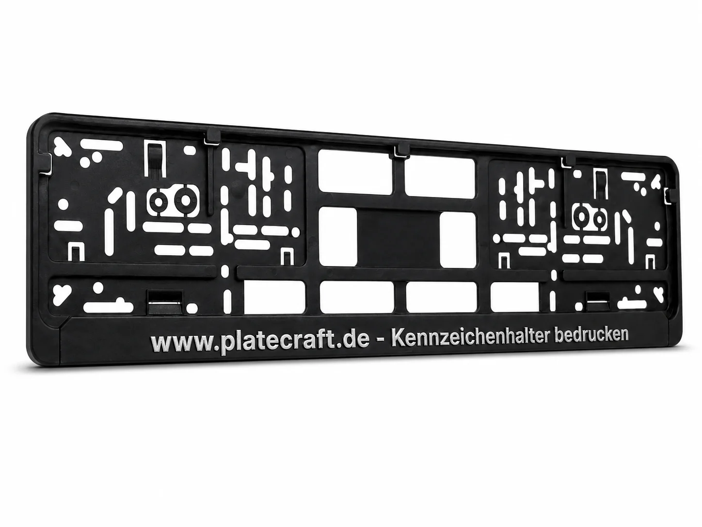 Kennzeichenhalter Erhaben schwarz mit silbernem Prägedruck – geschlossener Rahmen, ABS-Leiste, für Autohaus und Premiumfahrzeuge
