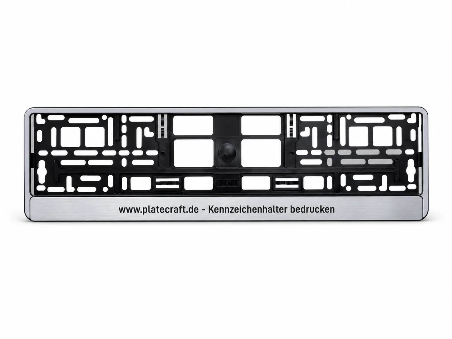 Kennzeichenhalter Silber bedrucken – silber-metallic PKW-Halter mit individueller Werbeleiste, UV-Digitaldruck von Platecraft