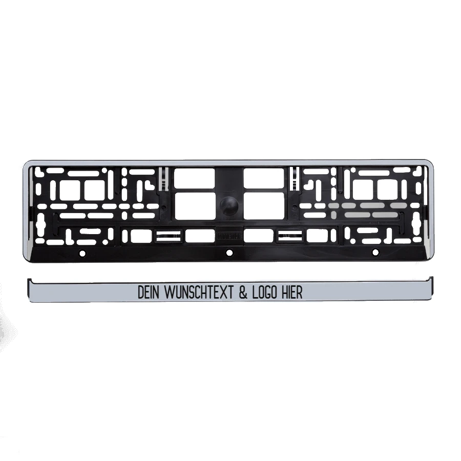 Silberner Kennzeichenhalter mit abnehmbarer Werbeleiste für individuellen Text- und Logo-Druck im Premium-Look