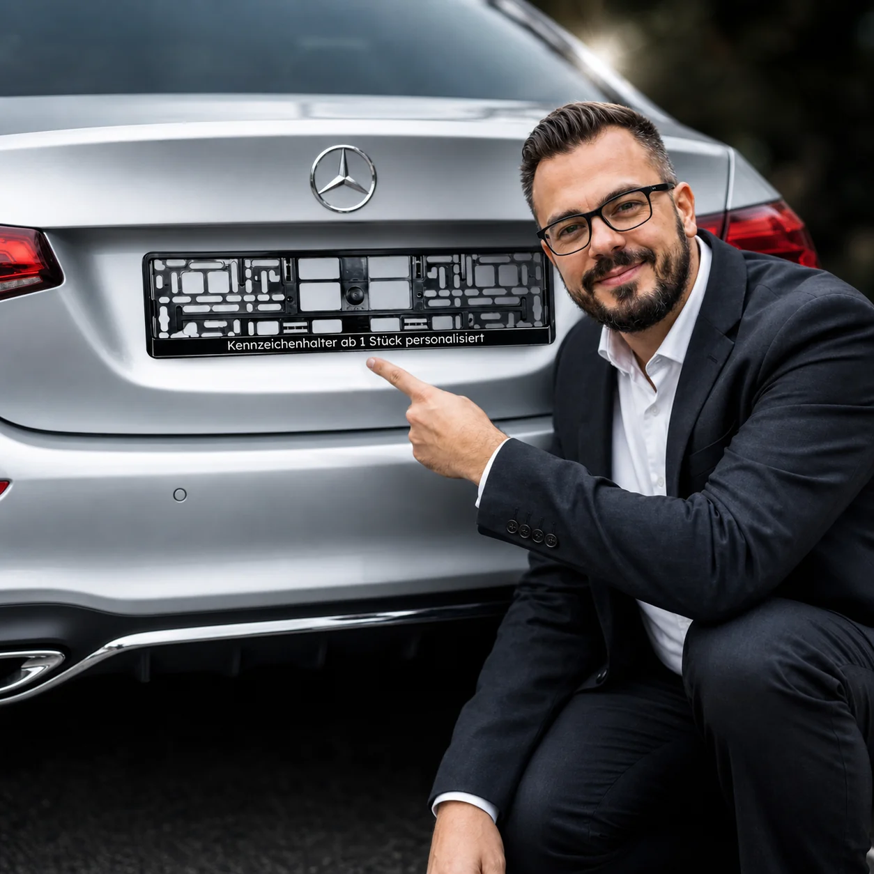 Mann zeigt auf Kennzeichenhalter mit Aufdruck 'ab 1 Stück personalisiert' an einem Mercedes – PLATECRAFT