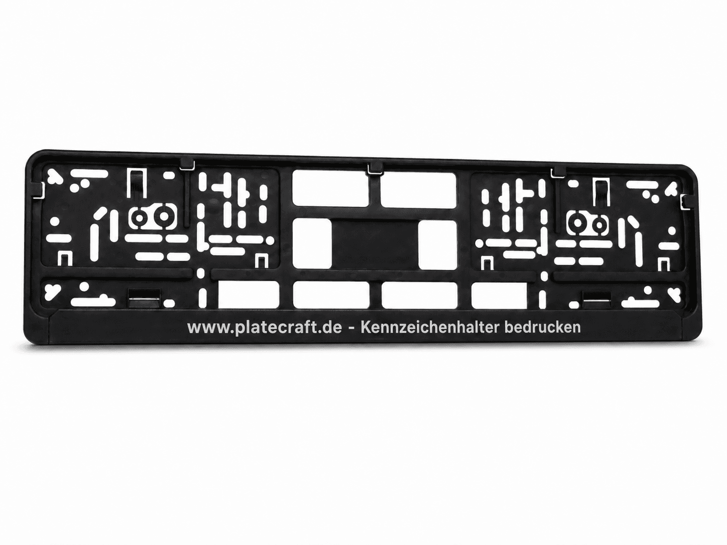 Kennzeichenhalter Siebdruck schwarz – geschlossener PP-Rahmen mit abnehmbarer Werbeleiste, 1-farbig bedruckt für Autohaus und Werkstatt