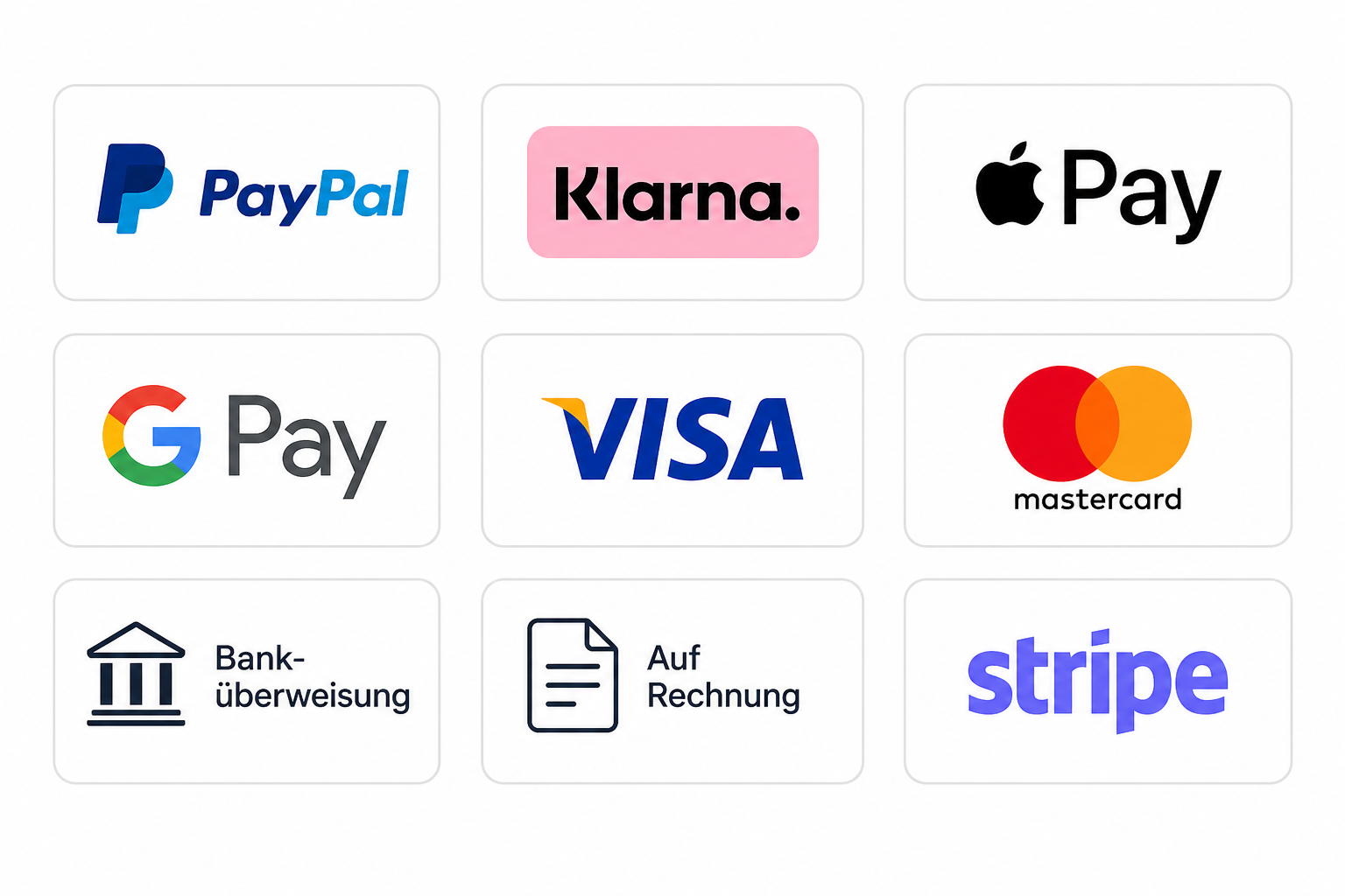 Akzeptierte Zahlungsarten: PayPal, Klarna, Apple Pay, Google Pay, Visa, Mastercard, Banküberweisung, Auf Rechnung, Stripe